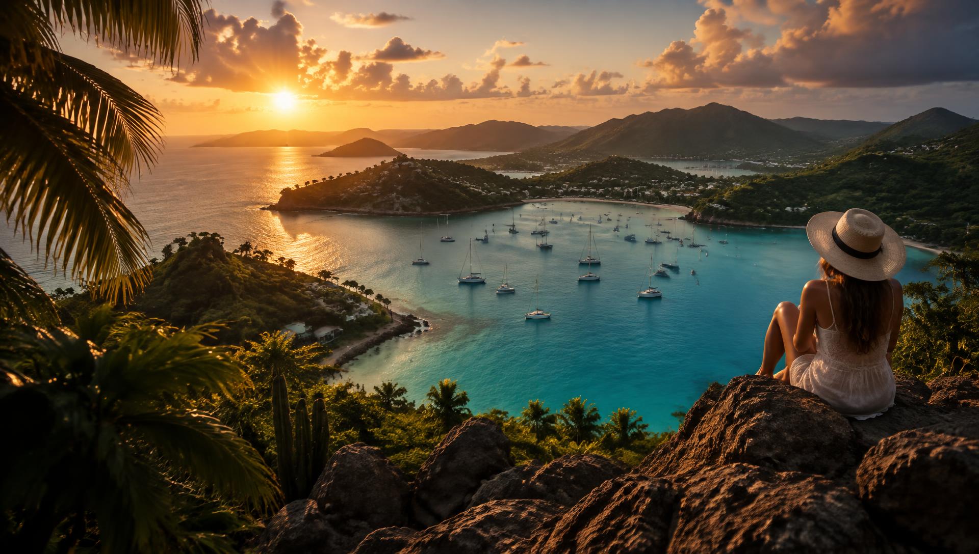 Caribbean bay with sailboats at sunset